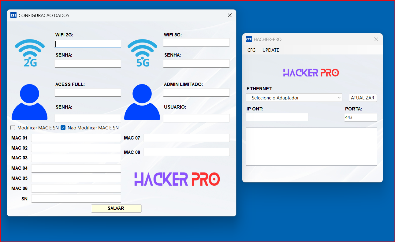 Campos de configuração de dados do aparelho