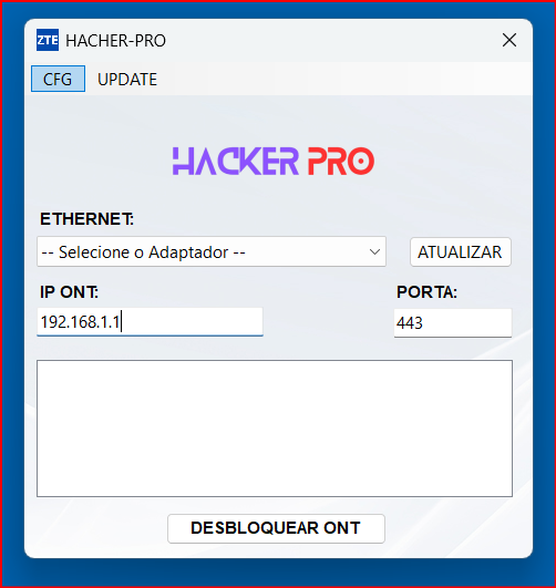 Tela para informar adaptador e IP atual da ONT